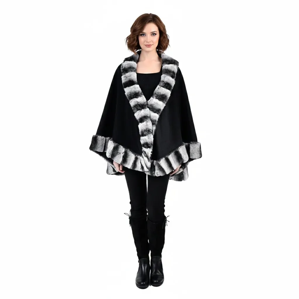 [8001723] Cashmere Cape with Rex Rabbit (BLACK)