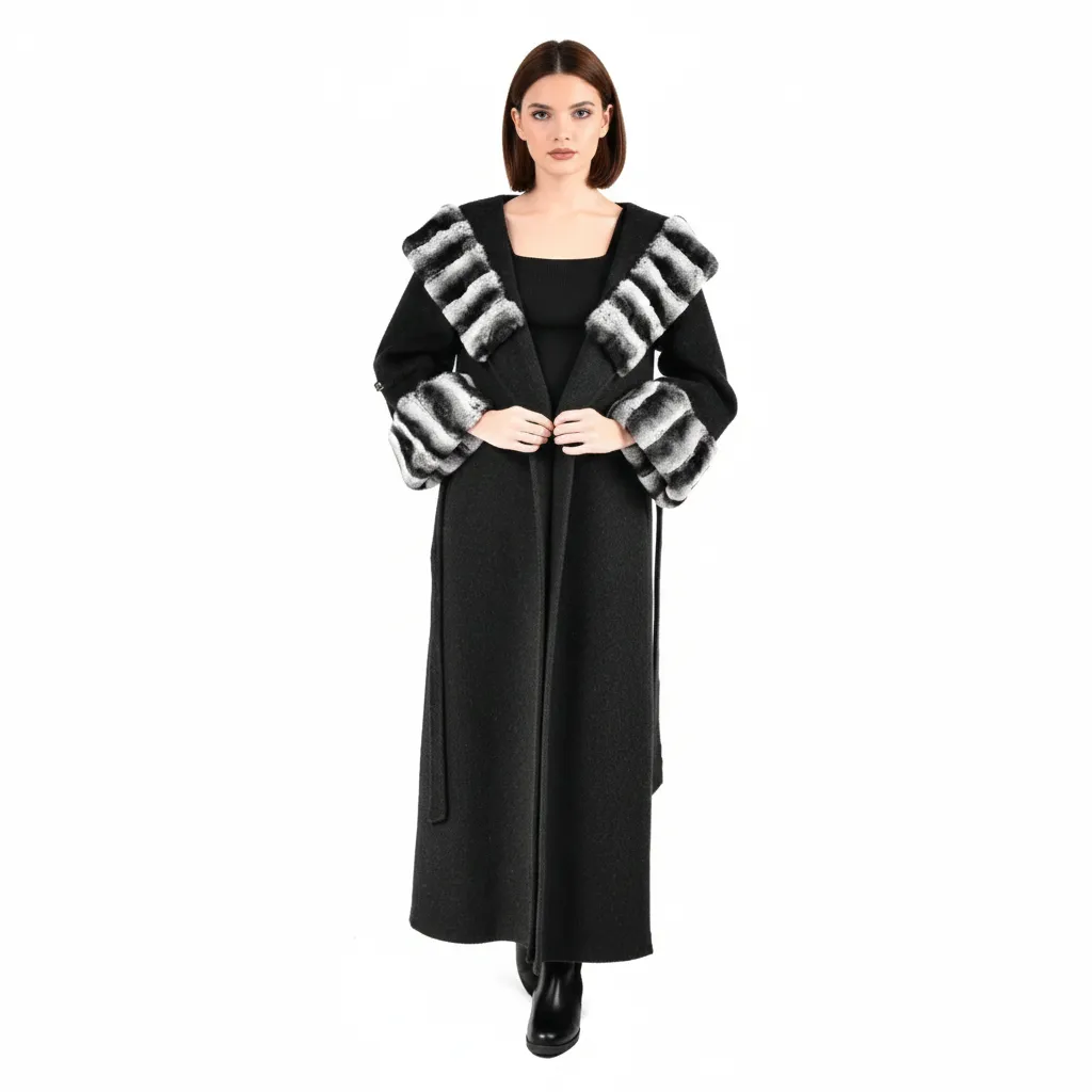 [8001432] Cashmere with Hood & Rex Rabbit Fur 135cm (BLACK, S)