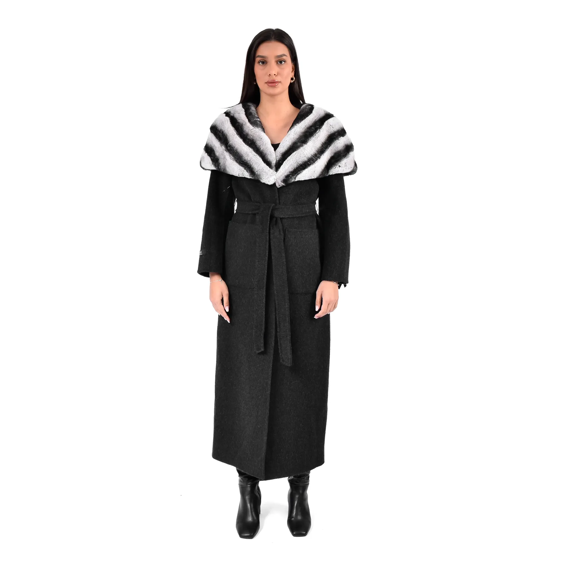 [8001472] Cashmere with Rex Rabbit Fur -  Cape Style 135cm (BLACK, S)