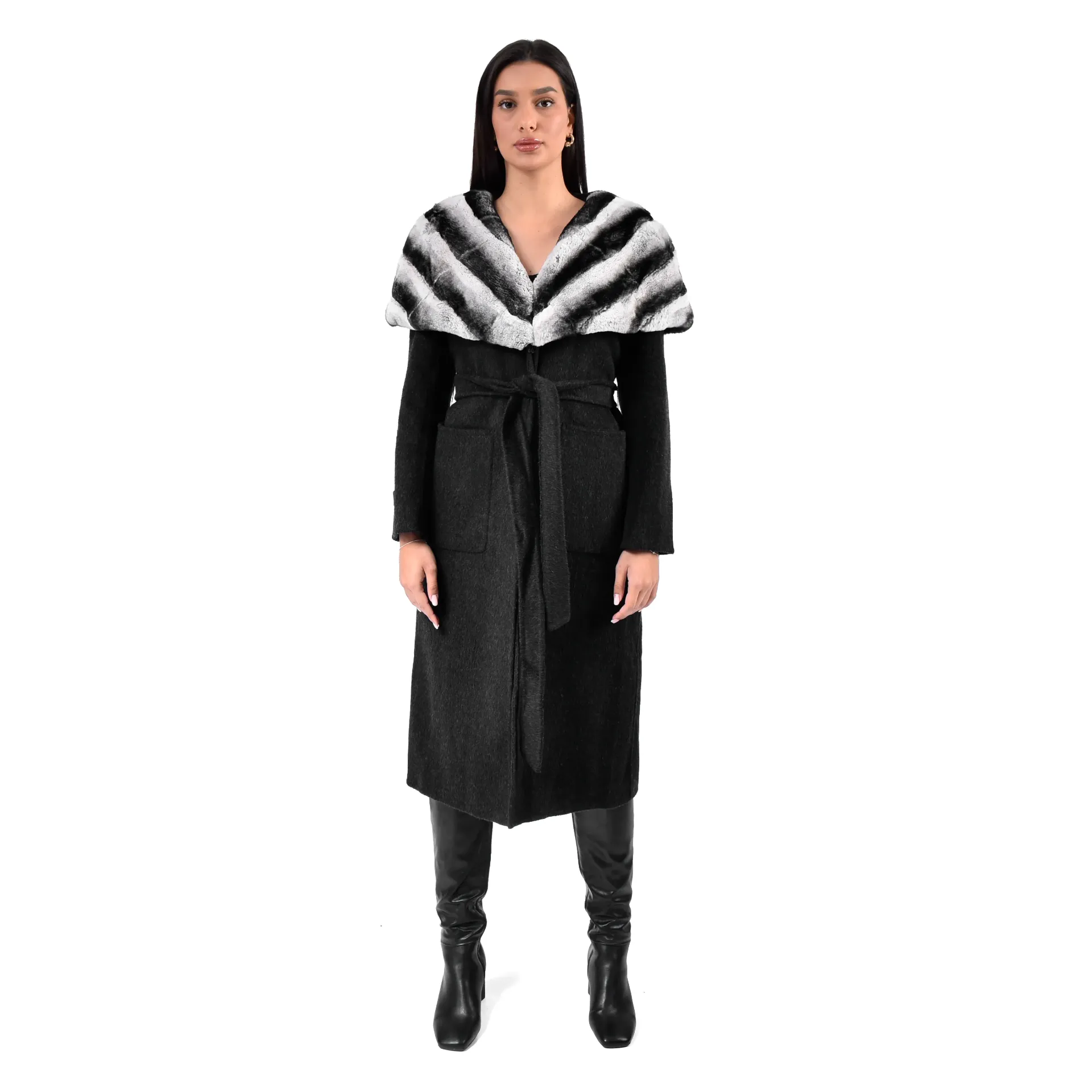 [8001492] Cashmere with Rex Rabbit Fur -  Cape Style 115cm (BLACK, S)