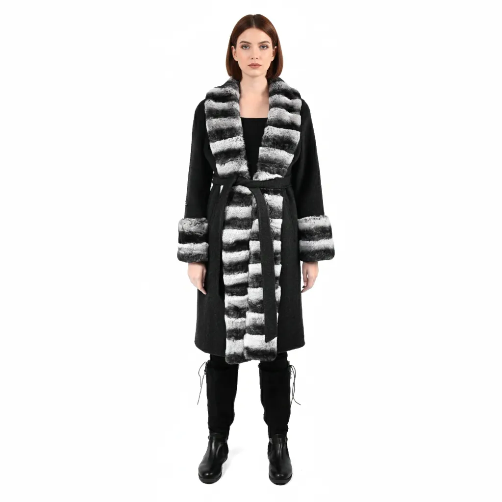 [8001512] Cashmere with Rex Rabbit Fur - Straight Line Fur 100cm (BLACK, S)