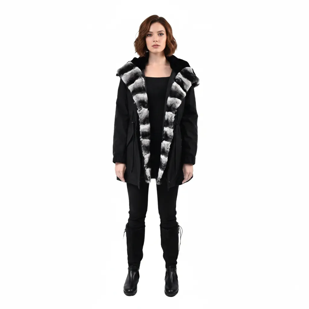 [8001572] Raincoat Jacket with Rex Rabbit Fur - 80cm (BLACK, S)