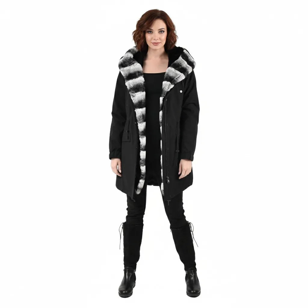 [8001577] Raincoat Jacket with Rex Rabbit Fur - 90cm (BLACK, S)