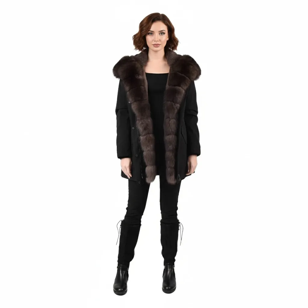 [90090723] Raincoat Jacket With Fox and Rex Rabbit Fur 80cm (BLACK, S)