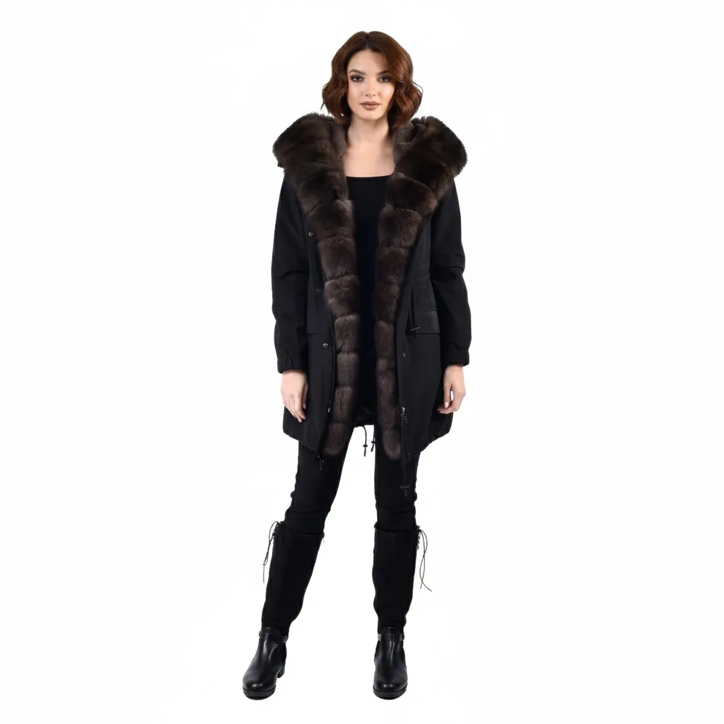 [90090758] Raincoat Jacket With Fox and Rex Rabbit Fur 90cm (BLACK, S)