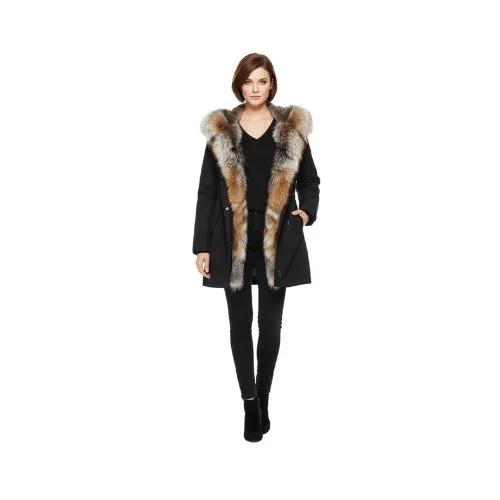 RAINCOAT BLACK WITH FOX FUR CRYSTAL CAMEL WITH REX RABBIT FUR 80 CM