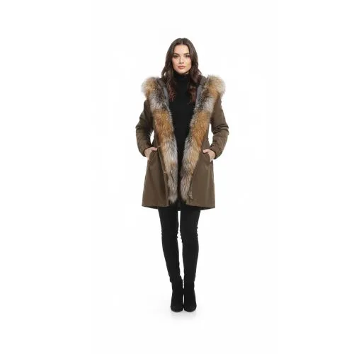 RAINCOAT DARK COFFEE WITH FOX FUR CRYSTAL CAMEL WITH REX RABBIT FUR 80 CM