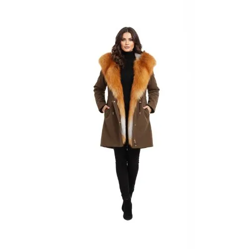 RAINCOAT DARK COFFEE WITH FOX FUR RED WITH REX RABBIT FUR 80 CM