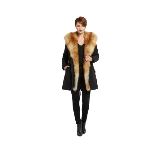 RAINCOAT BLACK WITH FOX FUR RED WITH REX RABBIT FUR 90 CM