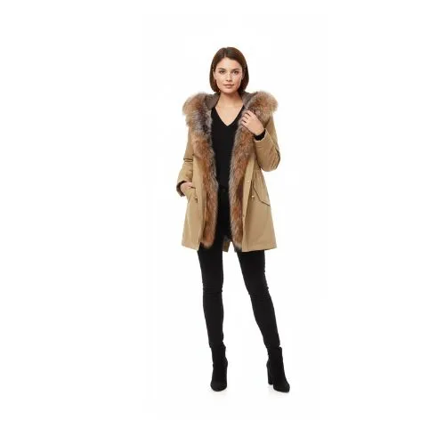 RAINCOAT LIGHT COFFEE WITH FOX FUR CRYSTAL CAMEL WITH REX RABBIT FUR 90 CM