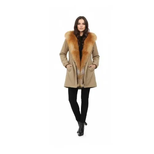 RAINCOAT LIGHT COFFEE WITH FOX FUR RED WITH REX RABBIT FUR 90 CM