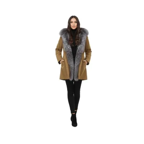 RAINCOAT KHAKI WITH FOX FUR SILVER WITH REX RABBIT FUR 90 CM