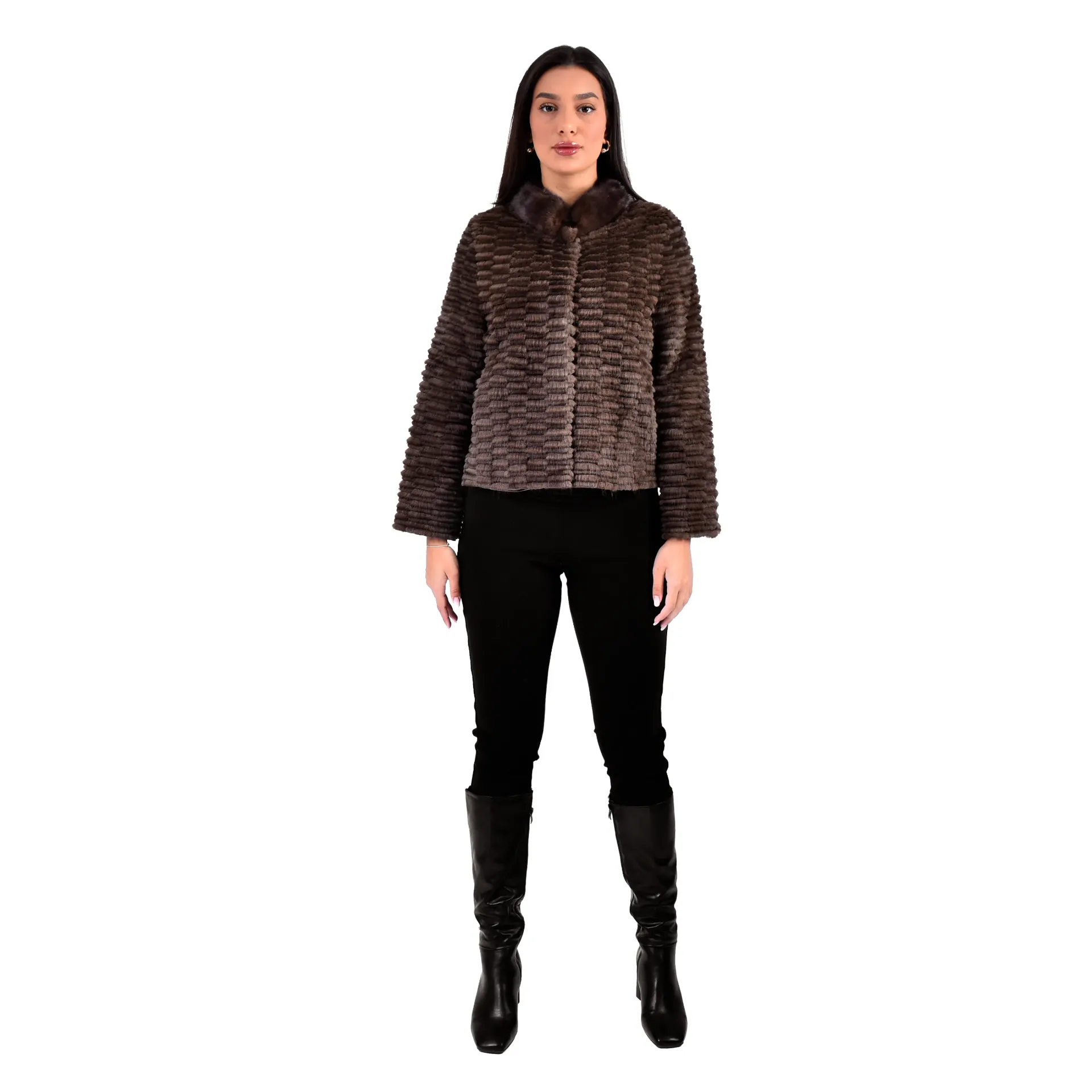 Jacket with Mink and Rex Rabbit Fur 55cm -  TP1187-1 (BLACK, S)