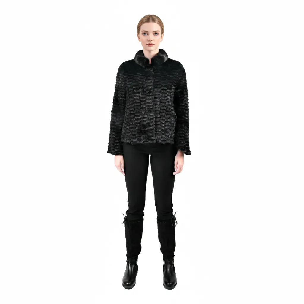 [700968] Jacket with Mink and Rex Rabbit Fur 55cm -  TP1187-1 (BLACK, M)