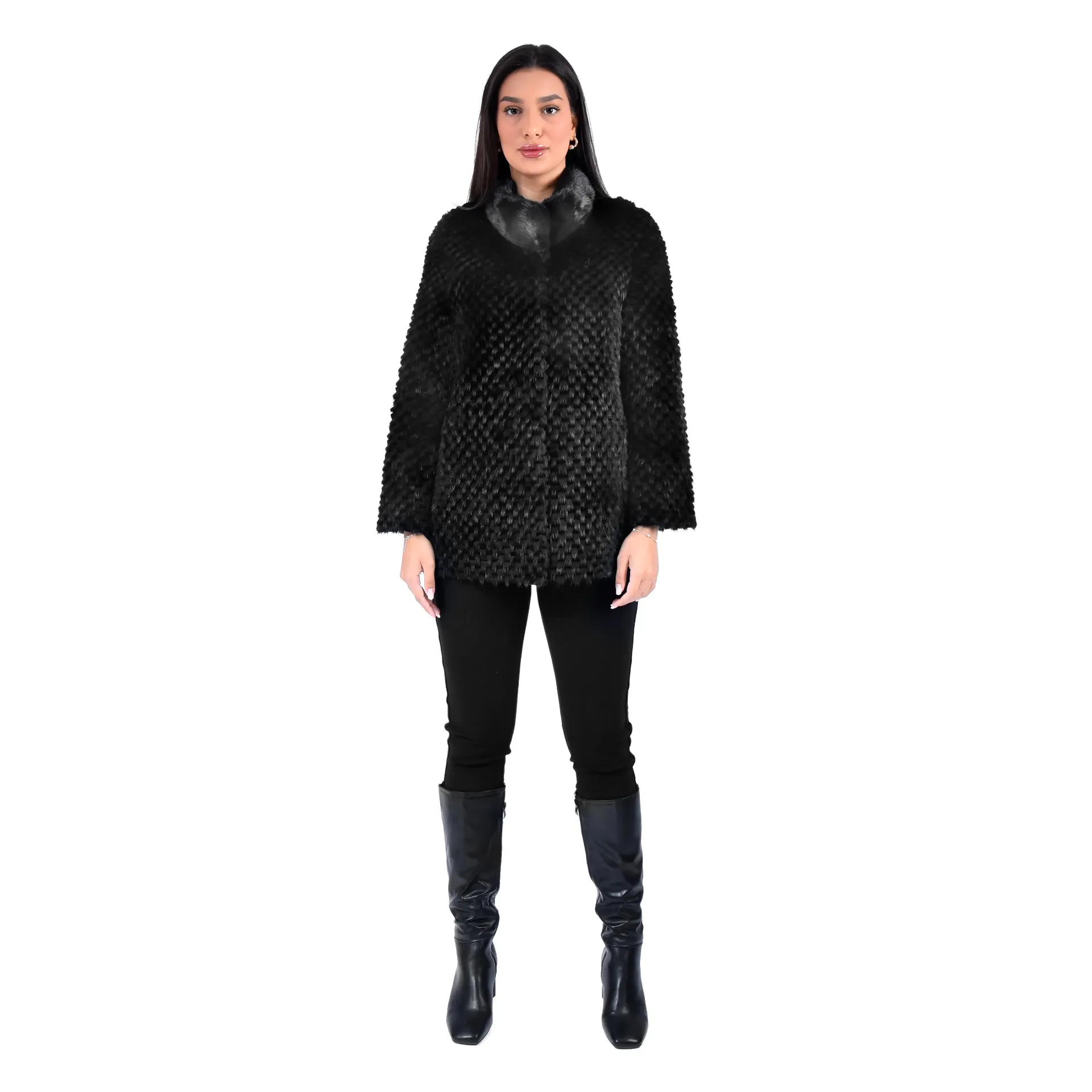[700991] Jacket with Mink and Rex Rabbit Fur 70cm - 5477C-1 (BLACK, M)