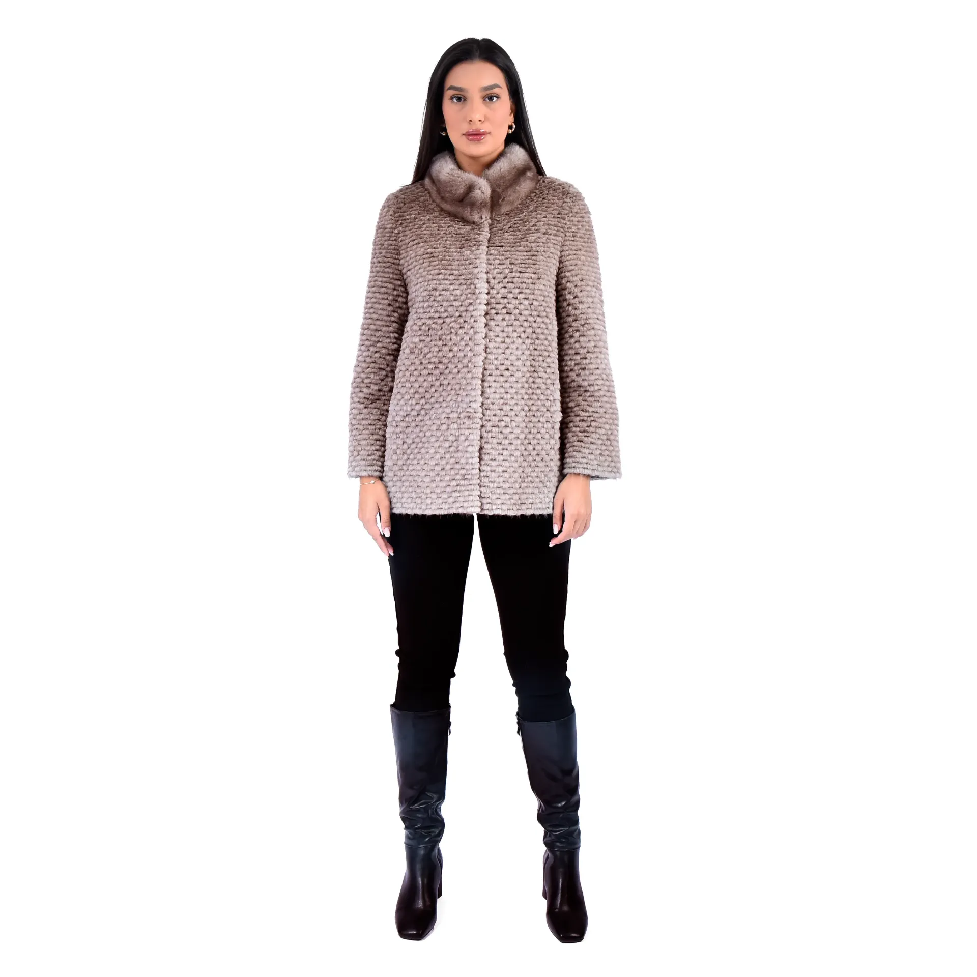 [700991] Jacket with Mink and Rex Rabbit Fur 70cm - 5477C-1 (BLACK, M)