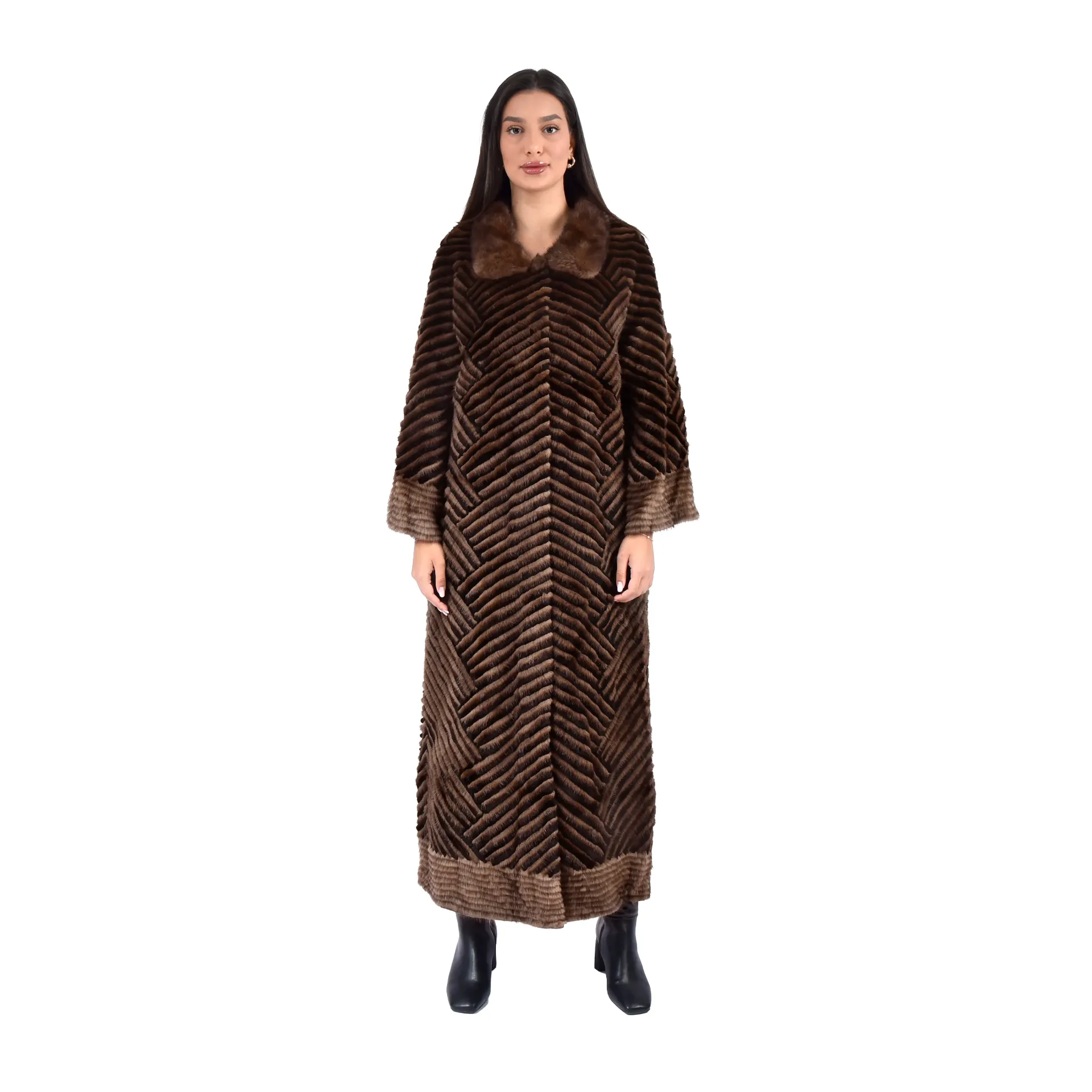 [700856] جاكيت فرو المنك والارنب  الطول 135 cm (BLACK & COFFEE B, L)