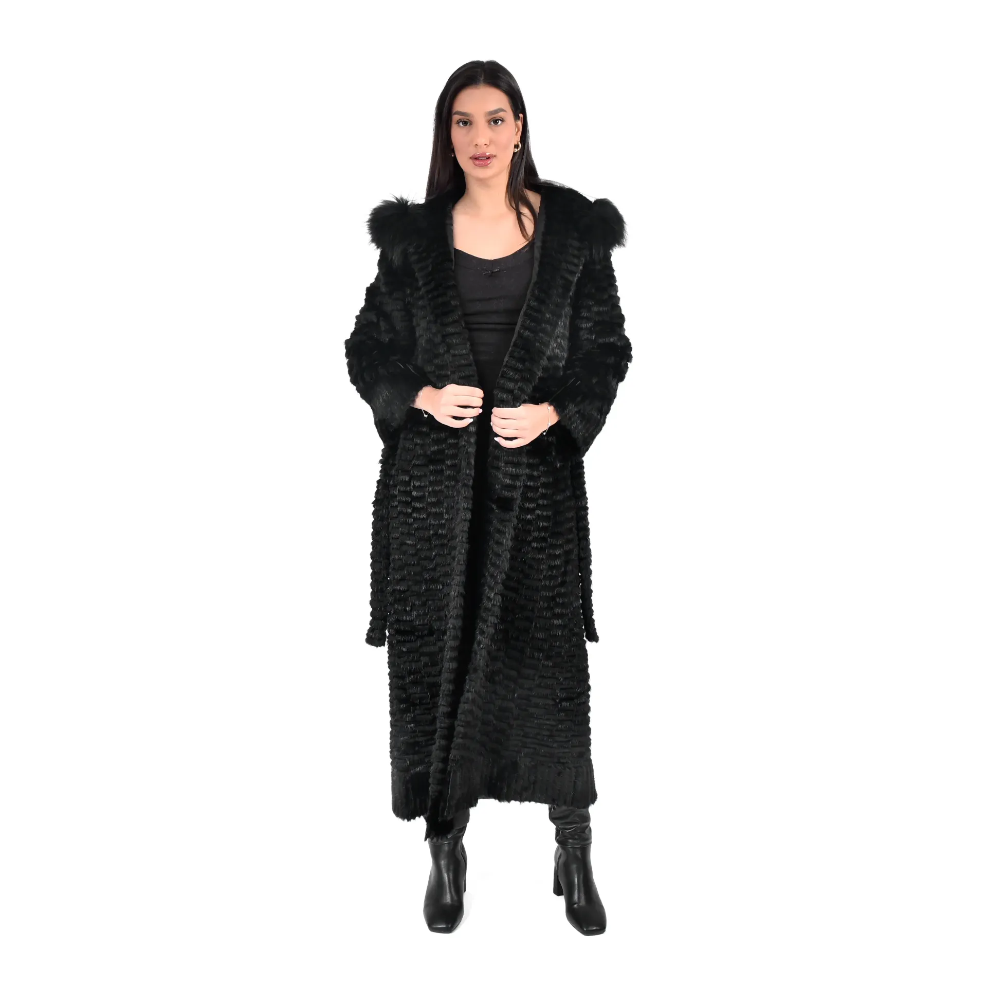 [7001015] Jacket Hood with Mink and Rex Rabbit Fur 135cm - 5477-B (BLACK, L)