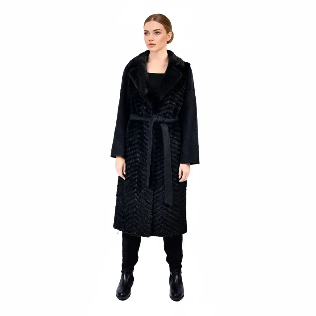 [700895] Jacket Cashmere with Mink and Rex Rabbit Fur 110cm (BLACK, S)