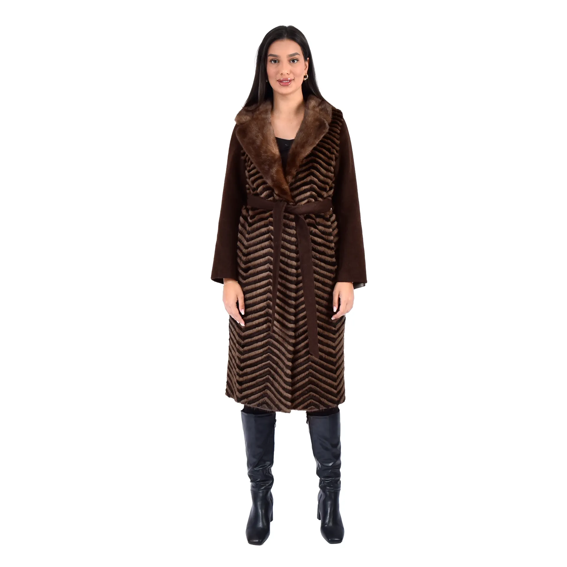 [700905] جاكيت كشمير  وصوف  وفرو المنك والارنب الطول 110 cm (BLACK & COFFEE B, S)