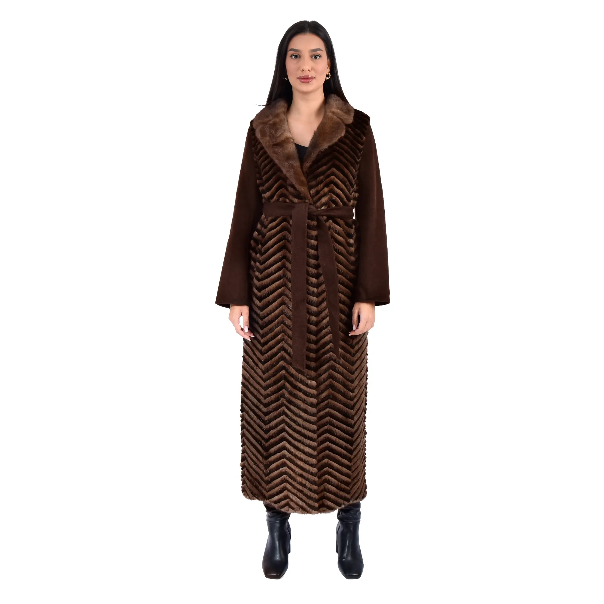 [700921] جاكيت كشمير  وصوف  وفرو المنك والارنب الطول 135 cm (BLACK & COFFEE B, M)