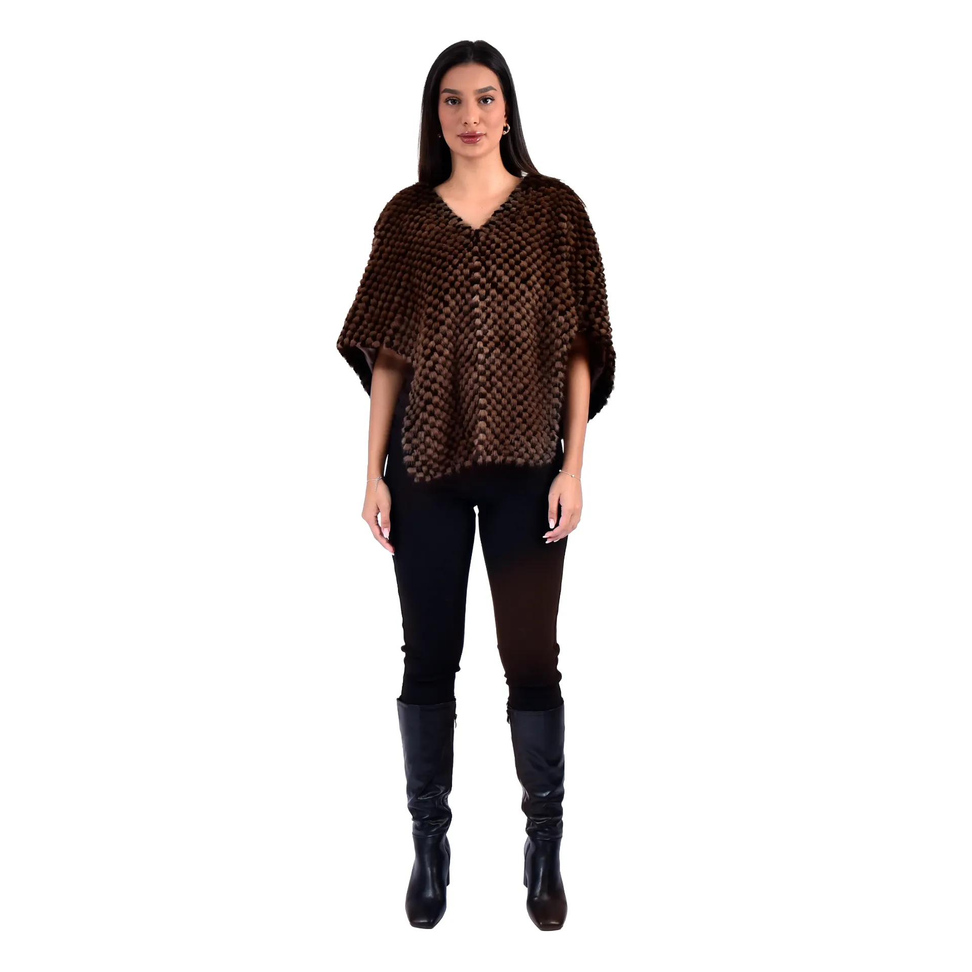 [700956] Long Front Cape With Mink and Rex Rabbit Fur 52cm- 1-52 (WHITE)