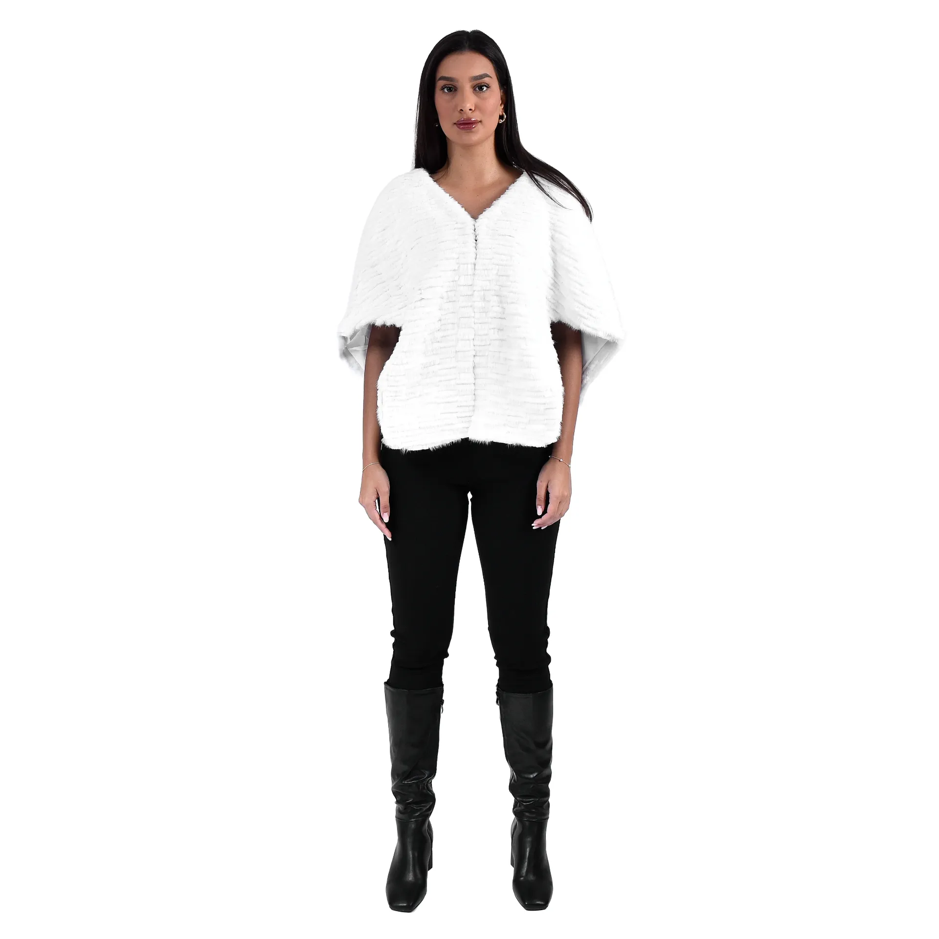 [700960] Long Front Cape With Mink and Rex Rabbit Fur 52cm- 1-52A (WHITE)