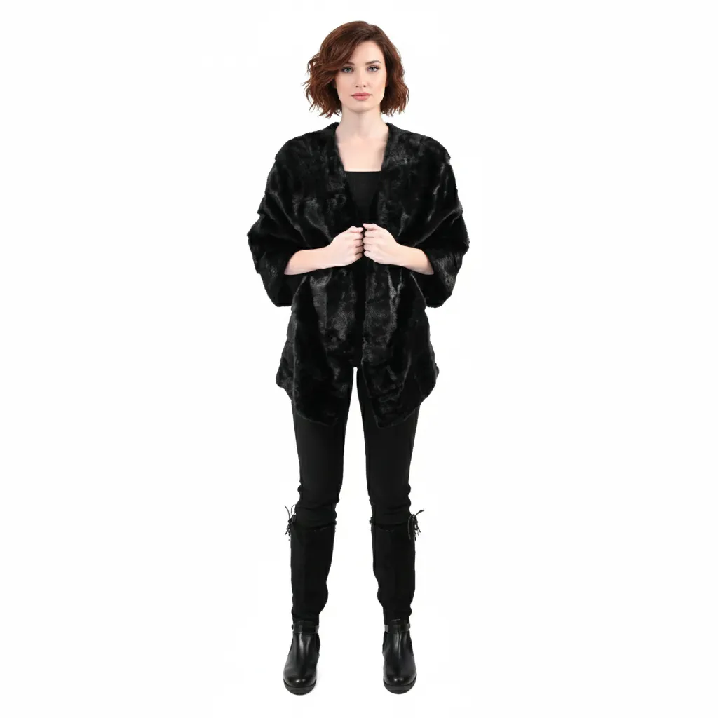 [7001032] Long Front Cape With Mink Fur (BLACK)