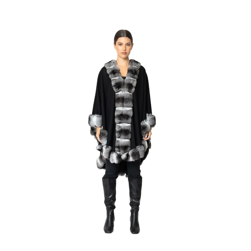 [200301] Cashmere Cape With Chinchilla Fur 100cm