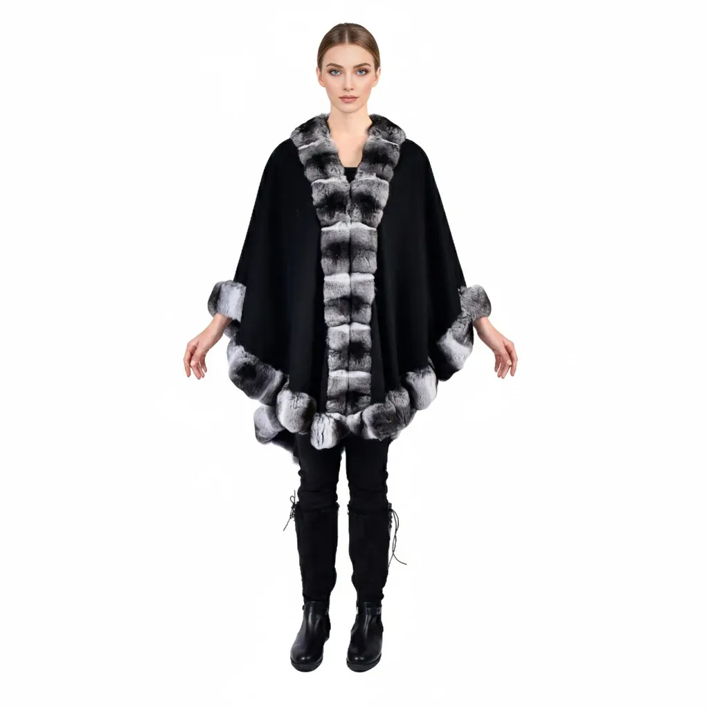 [200300] Cashmere Cape With Chinchilla Fur 80cm