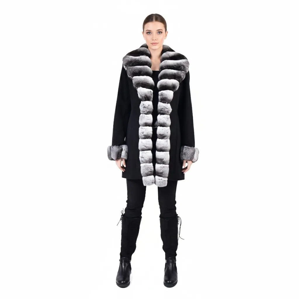 [20085] Cashmere Jacket With Long Line Chinchilla Fur 85cm (L)