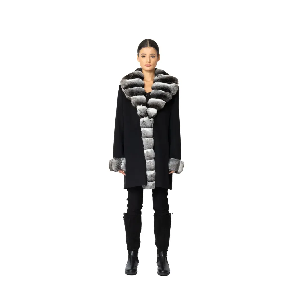 [20085] Cashmere Jacket With Long Line Chinchilla Fur 85cm (L)
