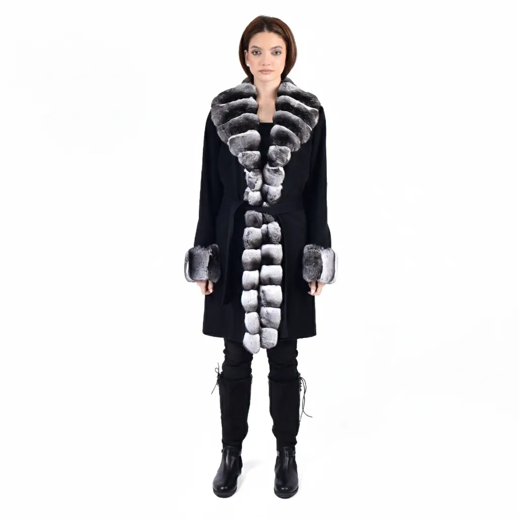 [200140] Cashmere Jacket With Long Line Chinchilla Fur 100cm
