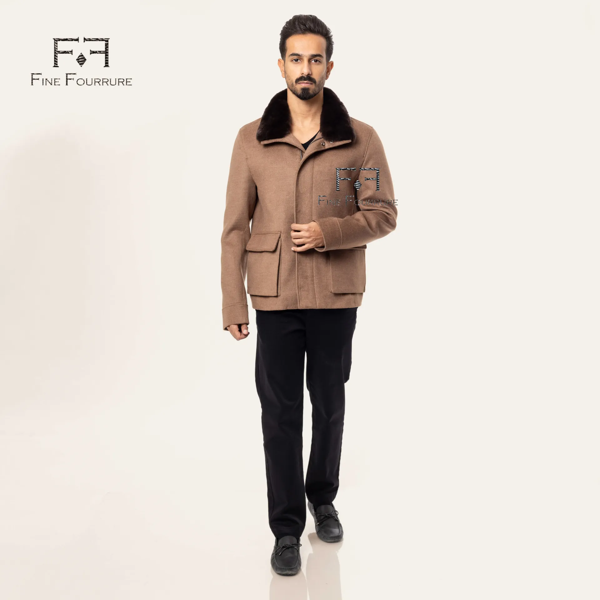 Fabric Jacket With Cotton Lining and High Neck With Rex Rabbit  - 0105