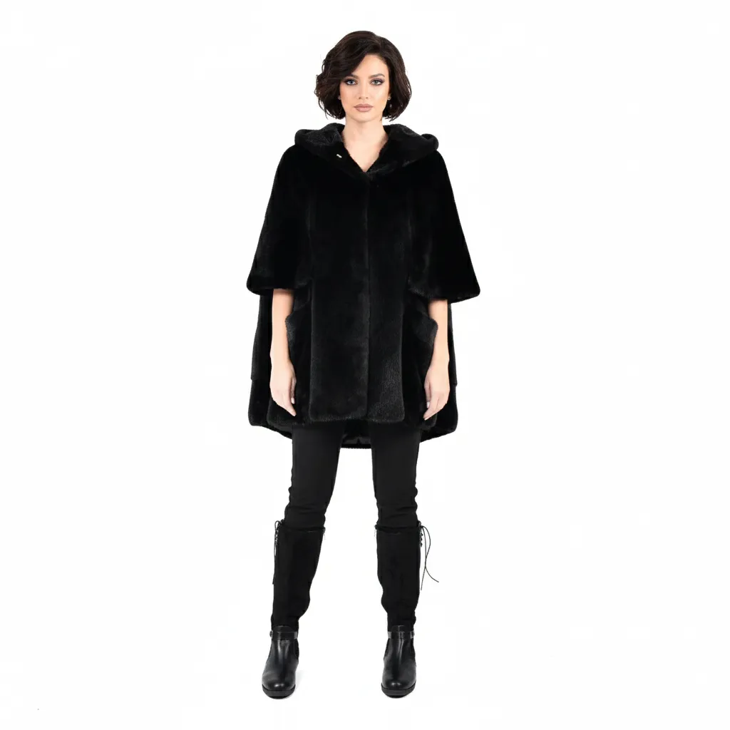 MINK-CAPE-WITH HOOD-POCKET-BLACK-FREE SIZE