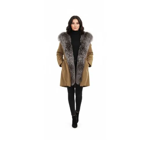RAINCOAT KHAKI WITH FOX FUR COFFEE WITH REX RABBIT FUR 90 CM