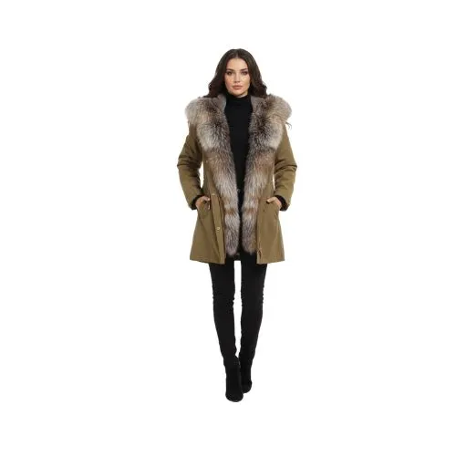 RAINCOAT KHAKI WITH FOX FUR CRYSTAL CAMEL WITH REX RABBIT FUR 90 CM