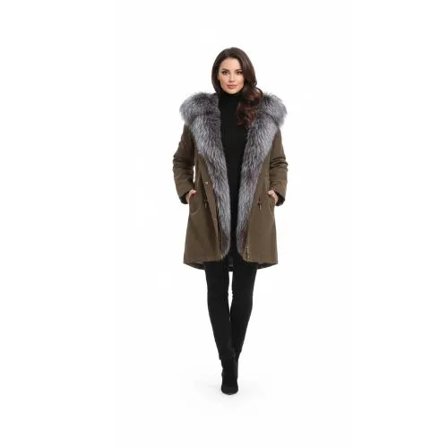 RAINCOAT DARK COFFEE WITH FOX FUR SILVER WITH REX RABBIT FUR 90 CM