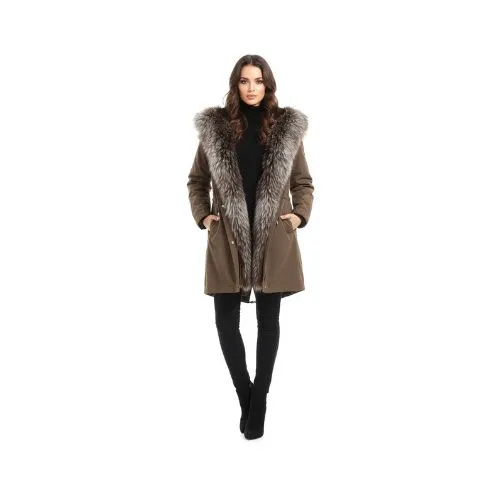 RAINCOAT DARK COFFEE WITH FOX FUR COFFEE WITH REX RABBIT FUR 90 CM