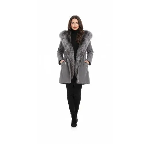 RAINCOAT GREY WITH FOX FUR SILVER WITH REX RABBIT FUR 90 CM