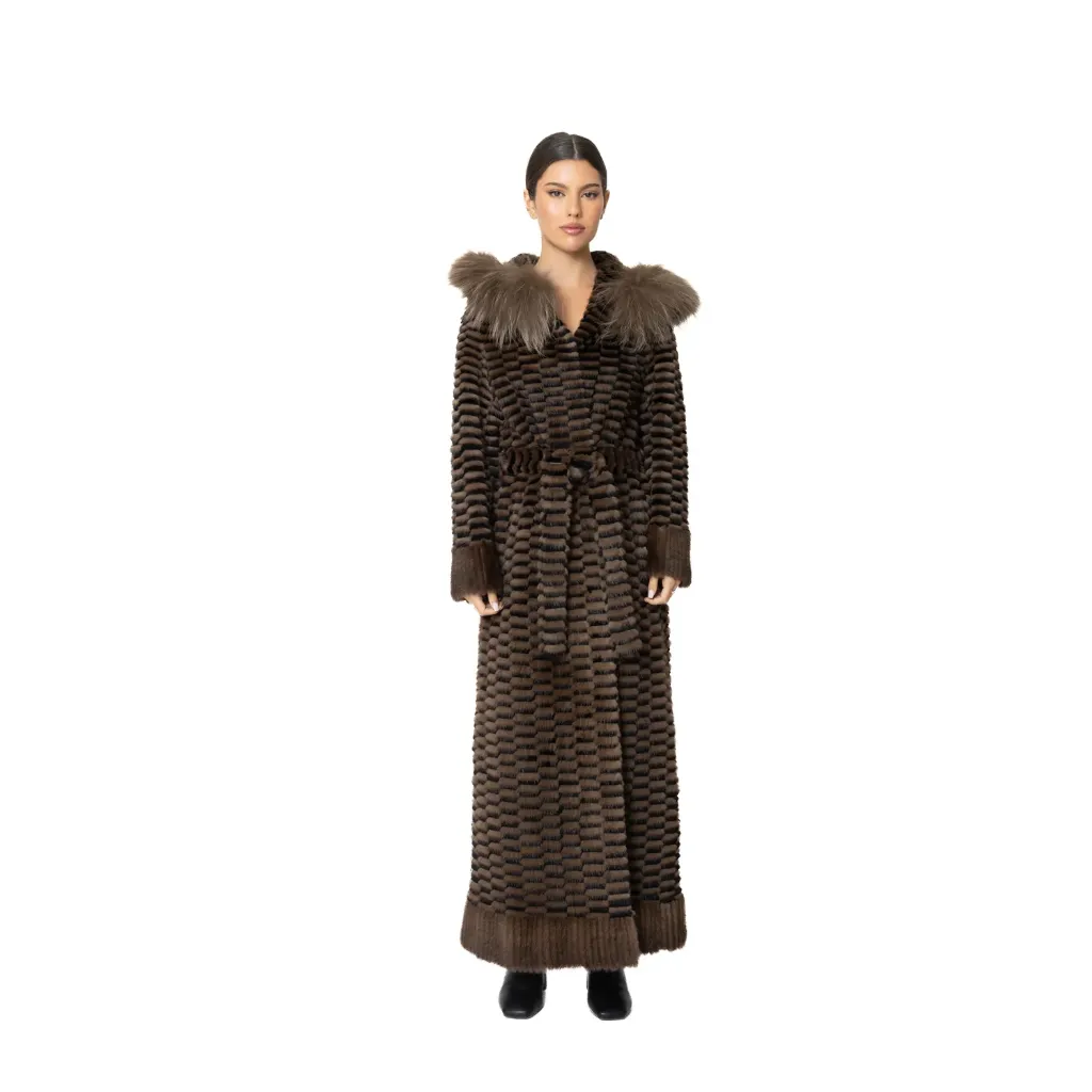 [7001019] جاكيت فرو المنك والارنب والثعلب الطول 135cm (BLACK & COFFEE C, M)