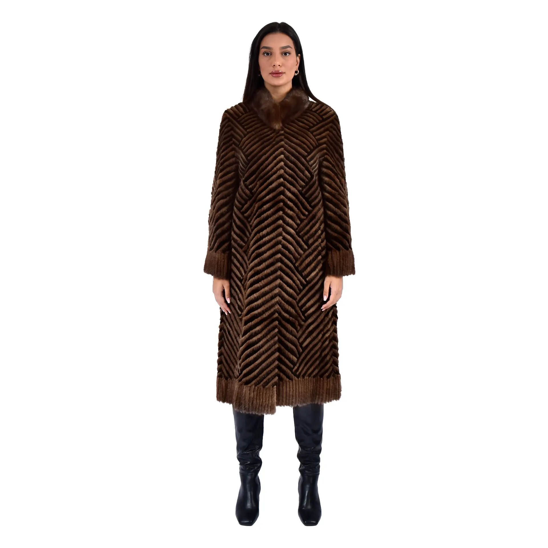 [700821] جاكيت فرو المنك والارنب  الطول 110 cm (BLACK & COFFEE B, M)