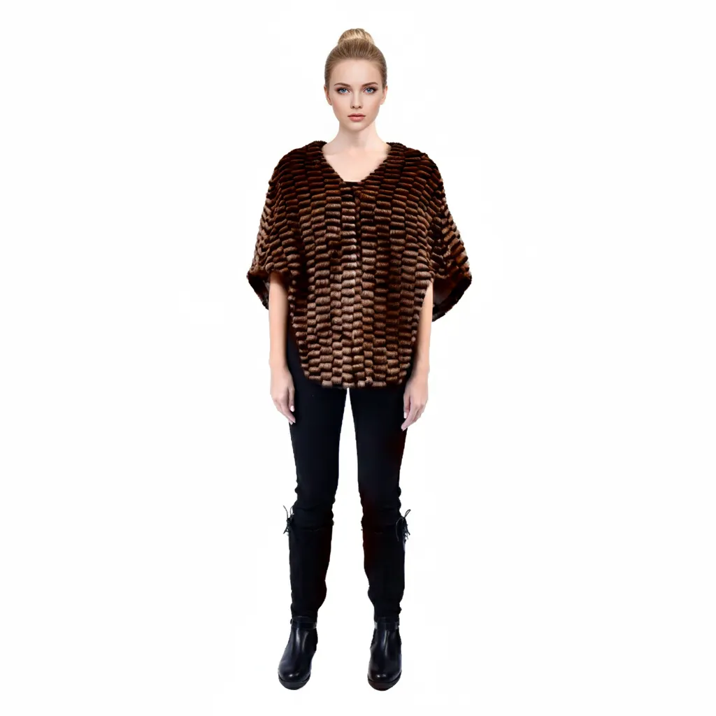 Long Front Cape With Mink and Rex Rabbit Fur 52cm- 1-52A