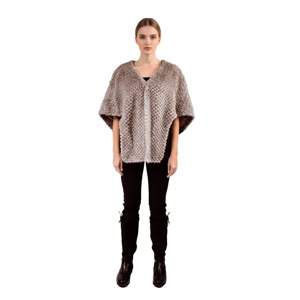 Long Front Cape With Mink and Rex Rabbit Fur 52cm- 1-52