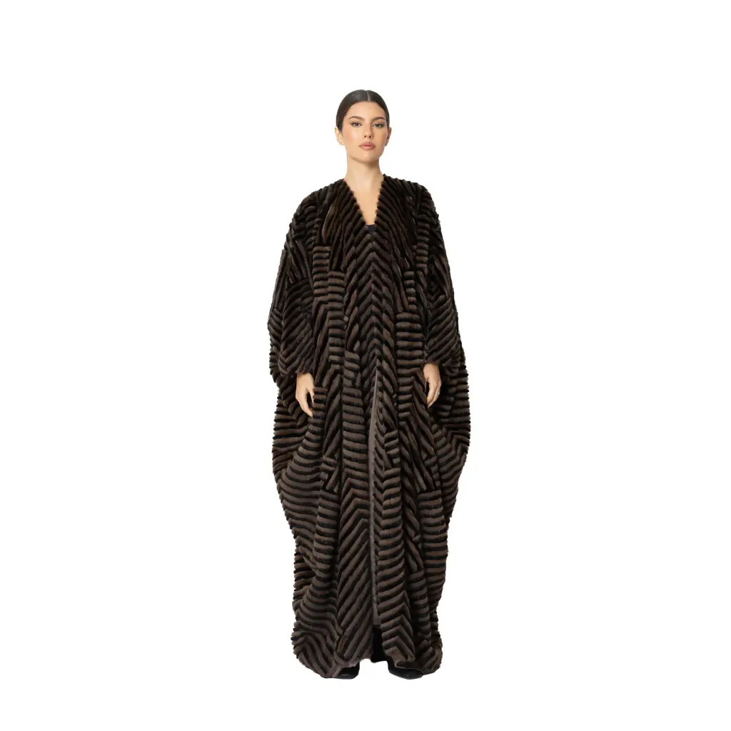 [7001097]  بشت فرو المنك والارنب  الطول 135 cm (BLACK & DARK COFFEE B)