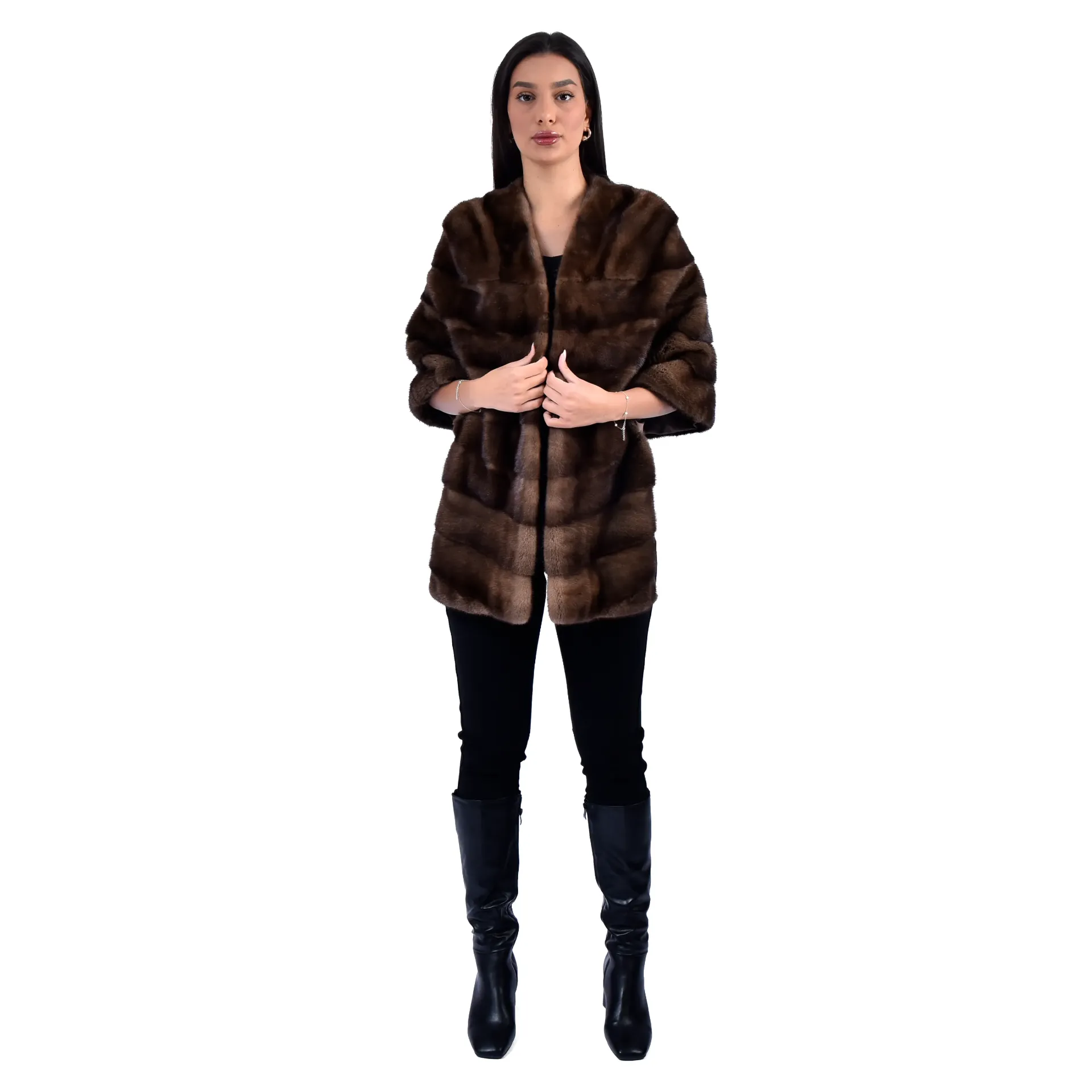 [7001029] Long Front Cape With Mink Fur (BROWN MINK)