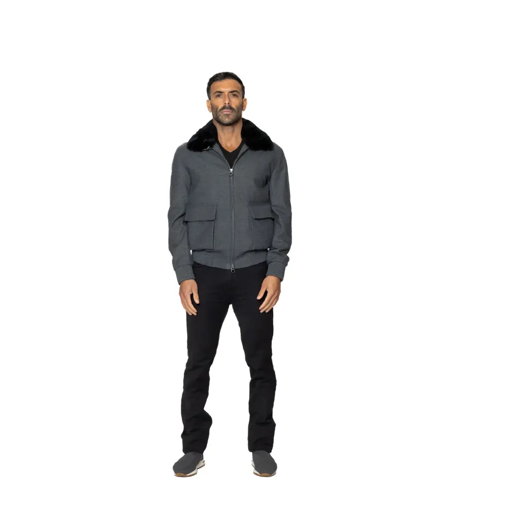 Fabric Jacket With Cotton Lining and High Neck With Rex Rabbit  - 023