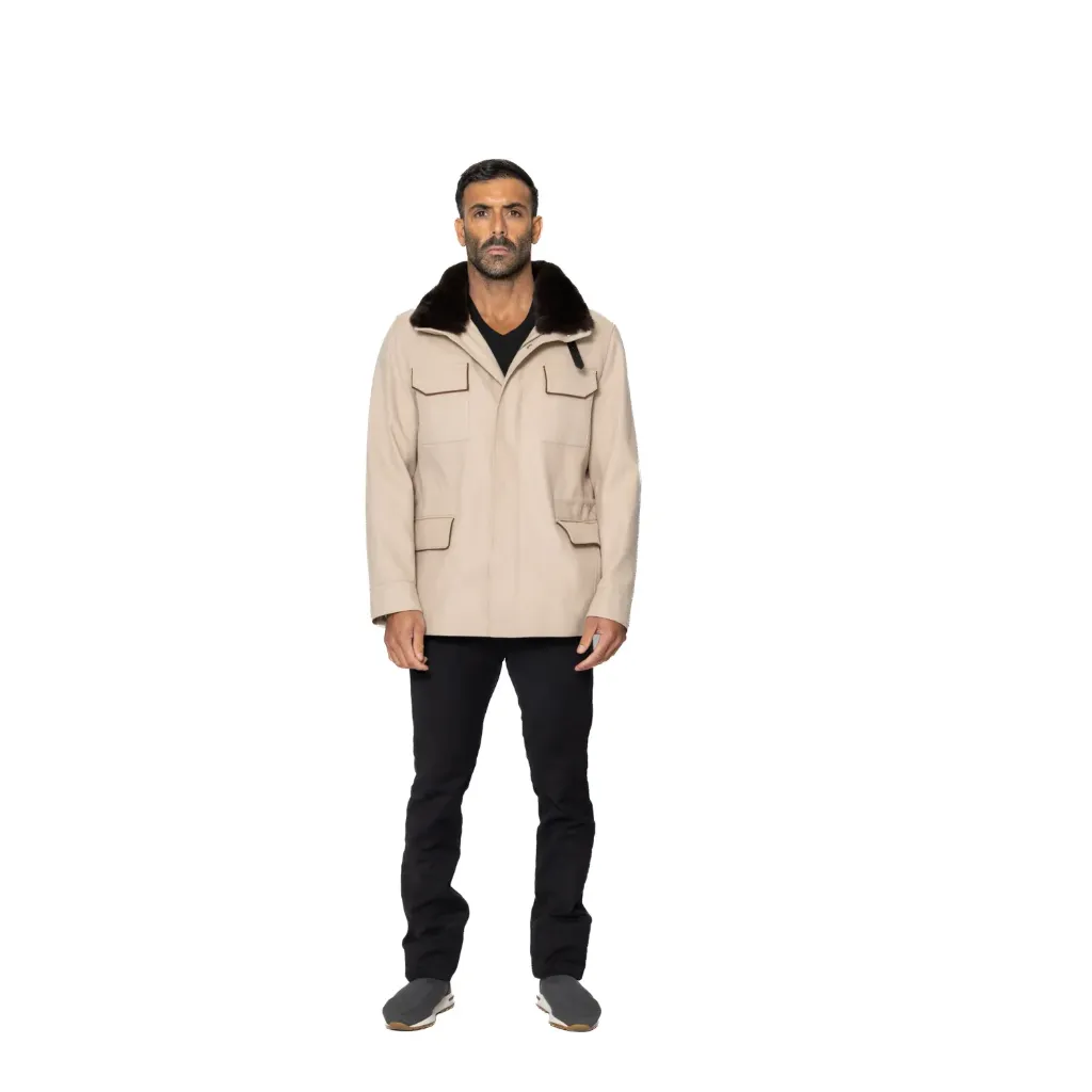 [5004263] Fabric Jacket With Cotton Lining And Fur Rex Rabbit With High Neck - 026 (OFFWHITE', S)