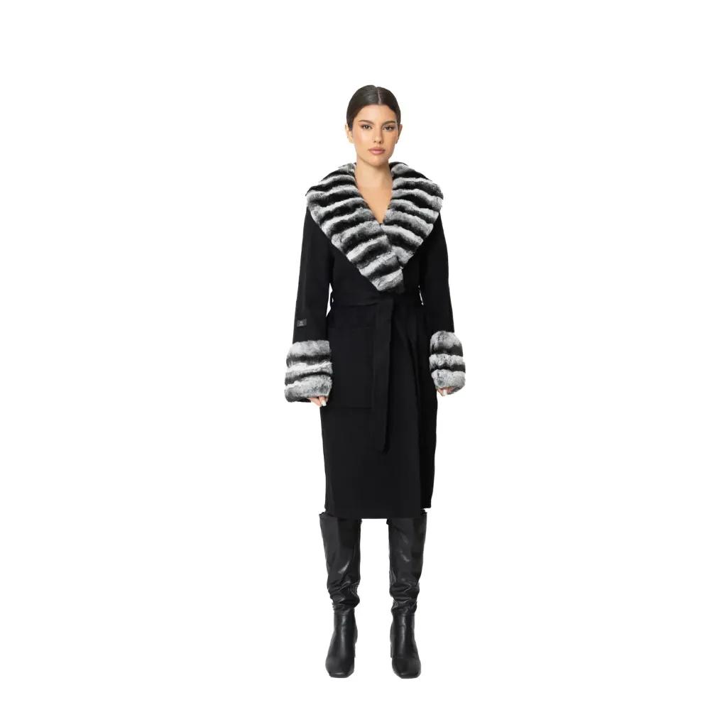 [8001392] كشمير وصوف مع فرو الارنب ( ركس ربت ) استايل الشنشلا الطول 135 cm (BLACK R, S)