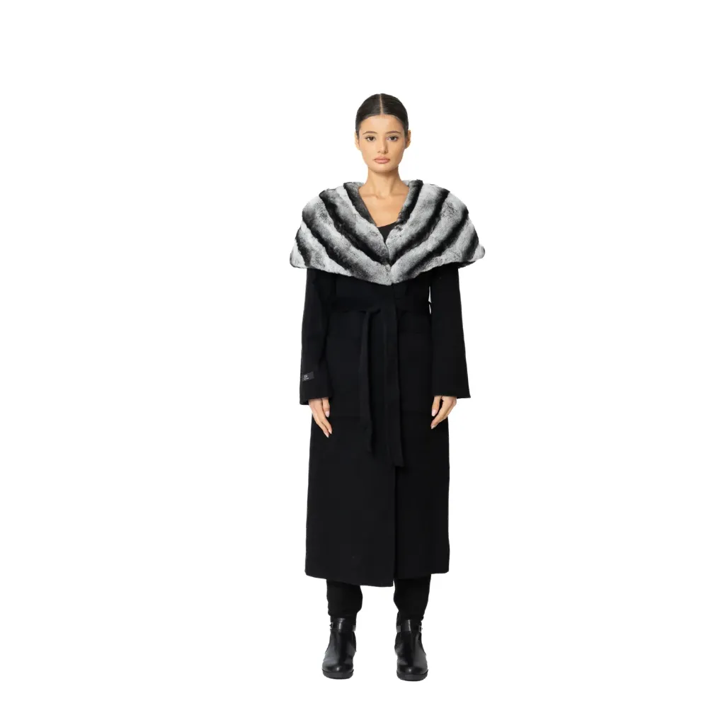 [8001492] كشمير وصوف مع فرو الارنب ( ركس ربت ) استايل الشنشلا الطول 115cm (BLACK R, S)